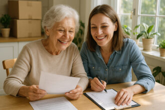 Femme senior souriante avec sa fille à la cuisine