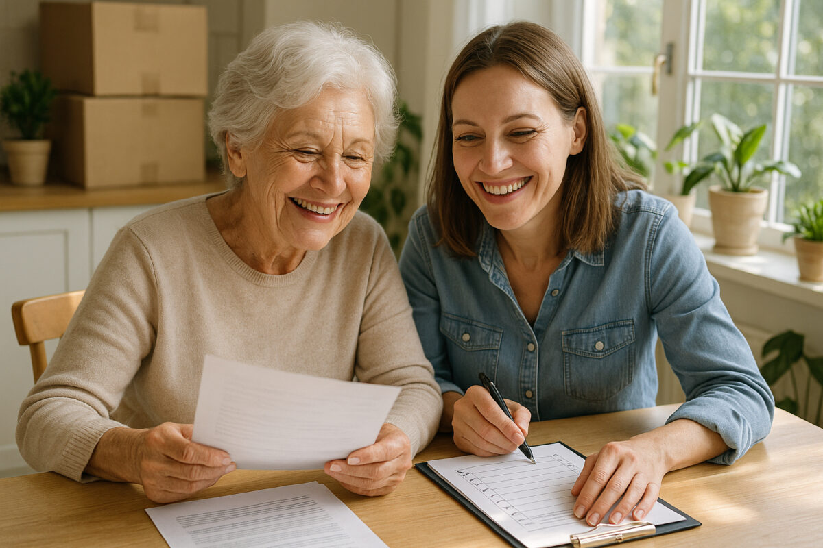 Femme senior souriante avec sa fille à la cuisine