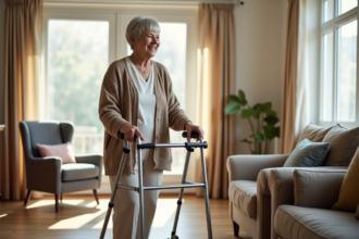 Femme senior souriante utilisant un déambulateur dans son salon lumineux