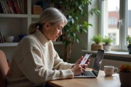 Femme réfléchissant à un message sur son smartphone dans un salon