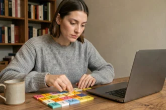 Femme utilisant une solution 4 images 1 mot 9 lettres sur son bureau avec des tuiles de lettres colorées