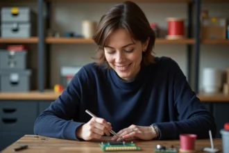 Femme en train de souder un circuit électronique dans un espace cosy