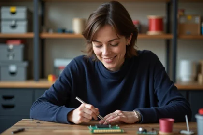 Femme en train de souder un circuit électronique dans un espace cosy