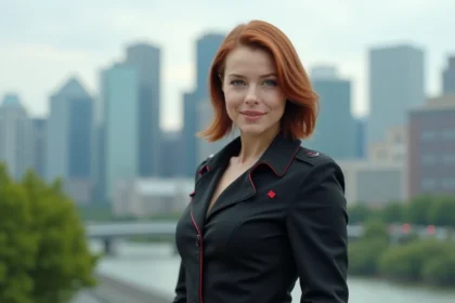 Femme en costume tactique devant la skyline urbaine