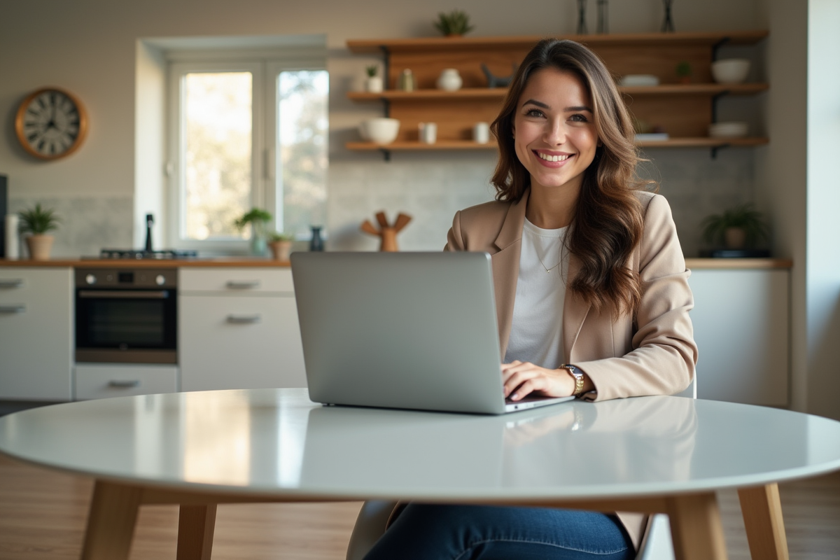 Jeune femme travaillant sur son ordinateur dans un appartement lumineux