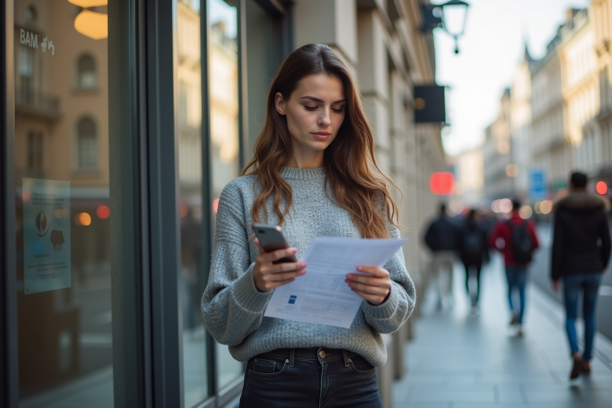 Jeune femme urbaine avec smartphone et graphique