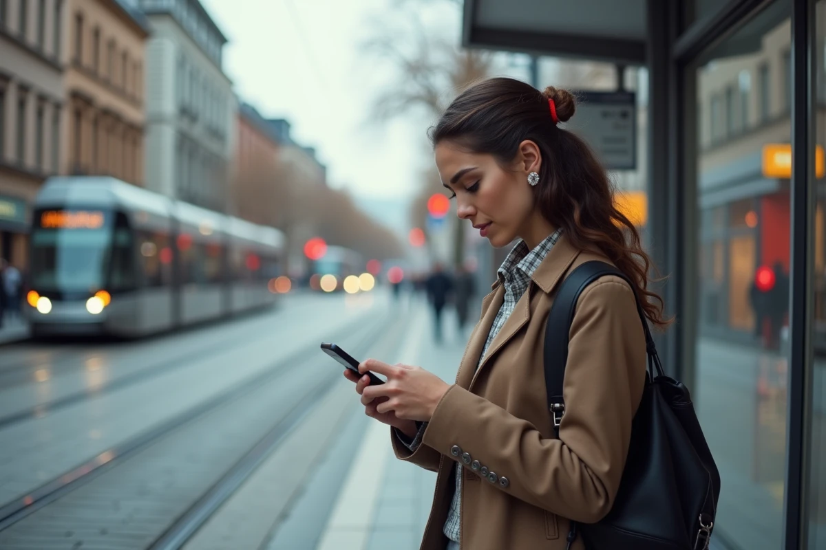 Jeune femme en ville consulte une carte digitale