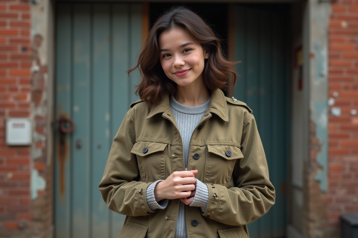 Jeune femme vérifiant une veste en milieu urbain authentique