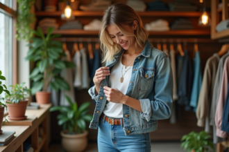 Femme dans une boutique écologique examine un vêtement en coton bio