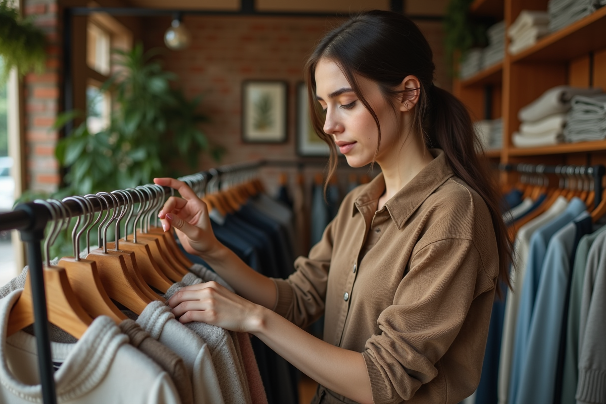 Femme dans une friperie vintage avec vêtements neutres