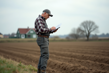 Fermeur à la ferme avec papier et tablette en main