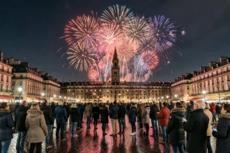 Feu d'artifice du Nouvel An au-dessus des toits de Lille avec reflets sur les pavés mouillés