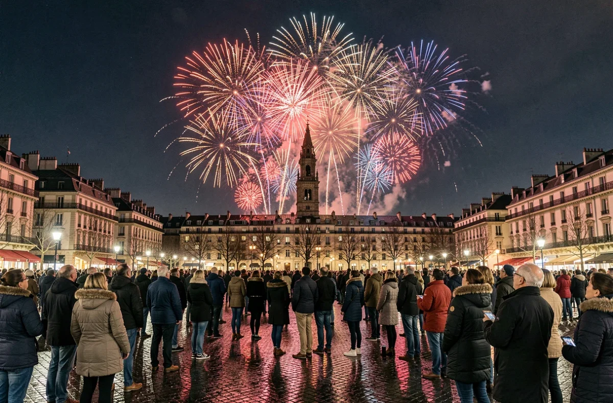 Feu d'artifice du Nouvel An au-dessus des toits de Lille avec reflets sur les pavés mouillés