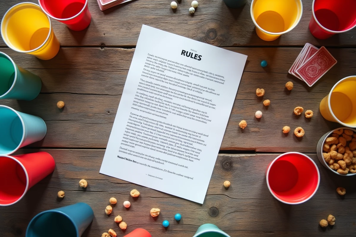 Vue aérienne d'une fiche de règles du jeu du Palmier imprimée posée sur une table avec des accessoires de soirée