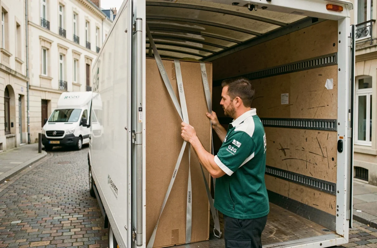 Déménageur de G2G Déménagement sécurisant des cartons dans un camion de déménagement