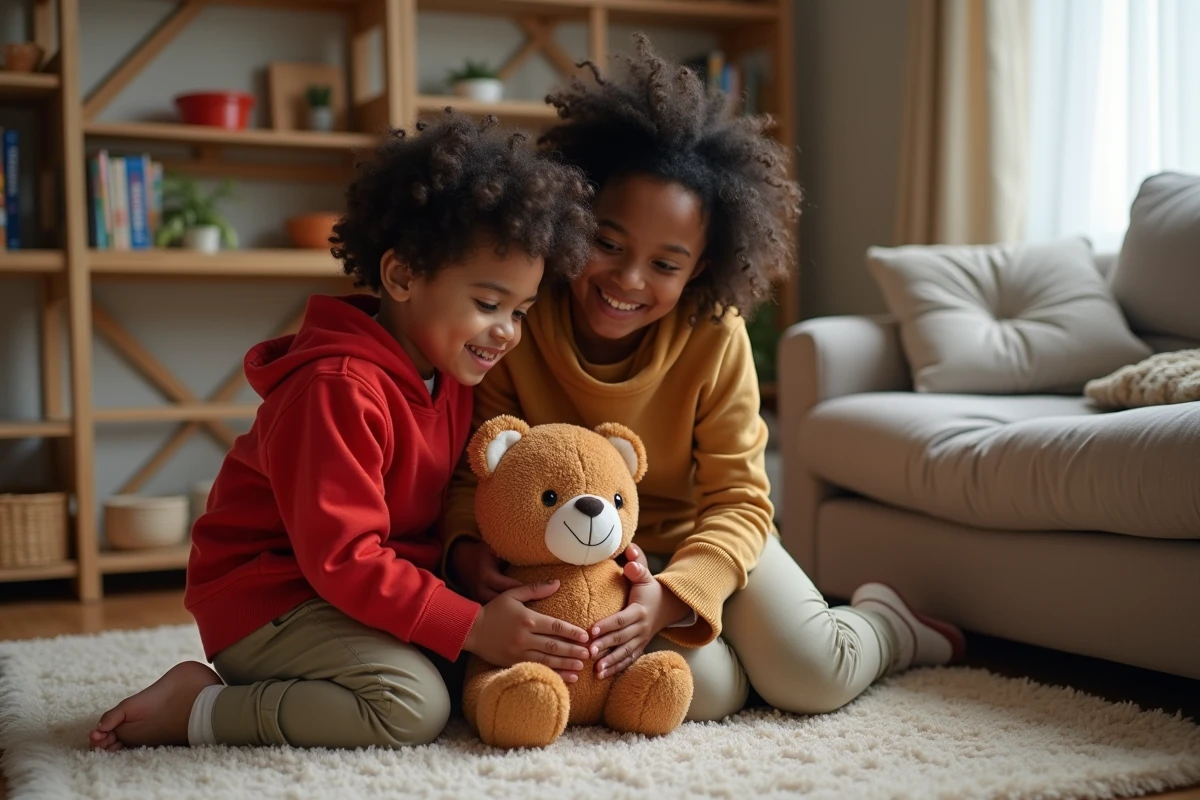 Garçon regardant un jouet Tchoupie avec sa mère dans le salon