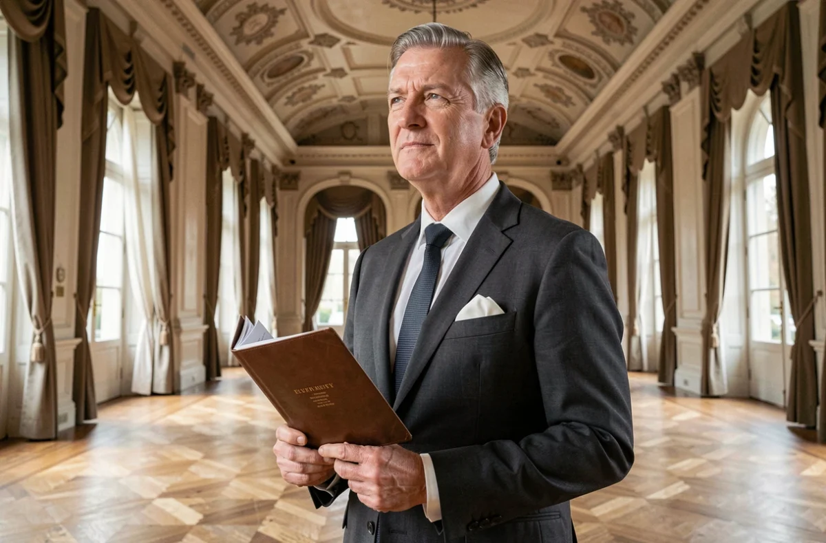 Georges Gotrand, organisateur d'événements expérimenté, se tenant à l'entrée d'une salle de réception majestueuse à Bordeaux