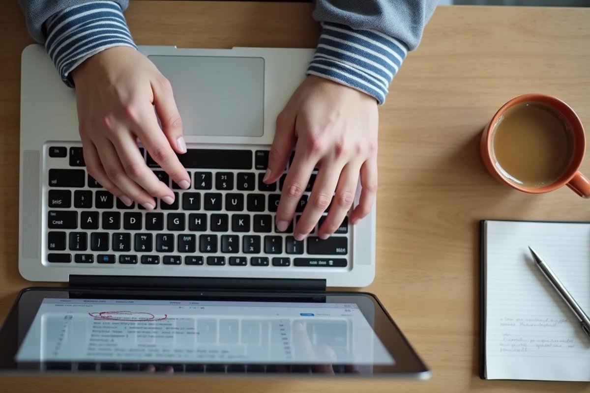 Gros plan sur des mains au-dessus d'un clavier d'ordinateur avec un brouillon d'email visible à l'écran, symbolisant la correction d'une faute grammaticale comme la confusion entre mis et mit dans un email professionnel