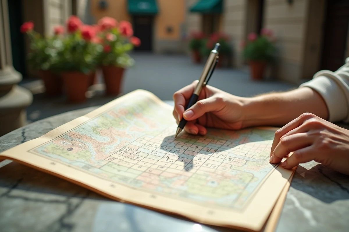 Gros plan de mains remplissant une grille de mots croisés avec le nom d'une ville italienne sur une table en marbre