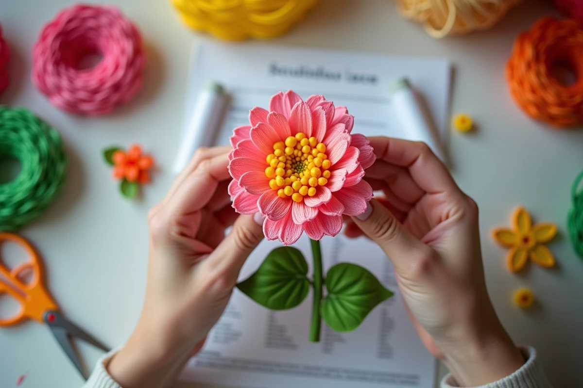 Gros plan sur une fleur scoubidou 3D en volume tressée avec des lacets colorés rose, jaune et vert