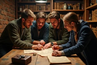 Groupe d'amis résolvant des énigmes dans un escape game à Lille avec accessoires vintage et ambiance mystérieuse