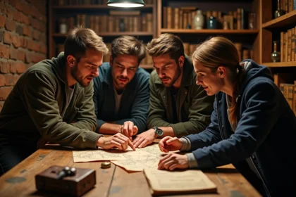 Groupe d'amis résolvant des énigmes dans un escape game à Lille avec accessoires vintage et ambiance mystérieuse