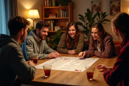 Groupe d'amis jouant au jeu du Palmier autour d'une table avec une fiche de règles imprimée lors d'une soirée animée