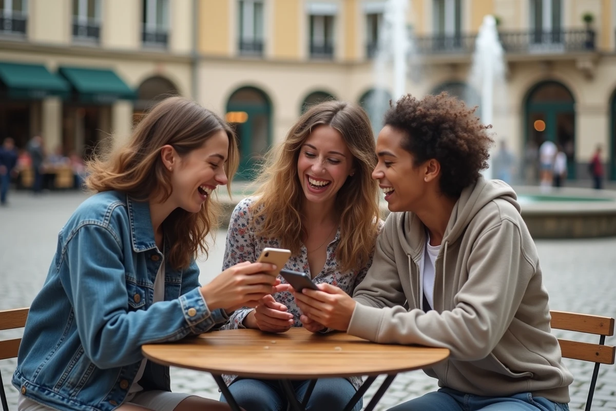 Groupe d'amis français riant de jeux de mots sur smartphone en terrasse de bistro