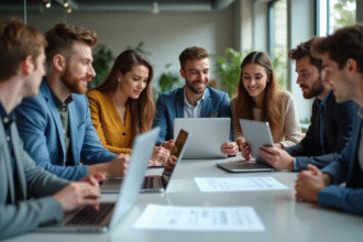 Groupe de jeunes adultes en réunion de travail moderne
