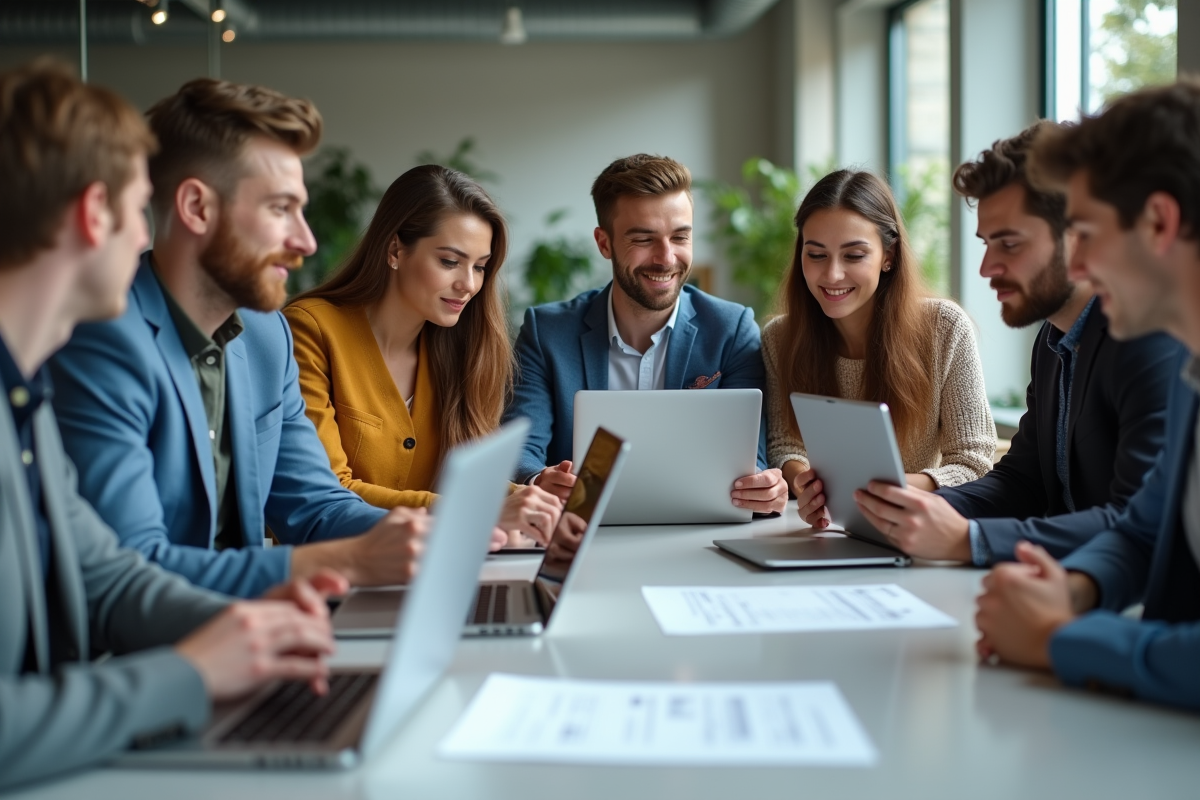 Groupe de jeunes adultes en réunion de travail moderne