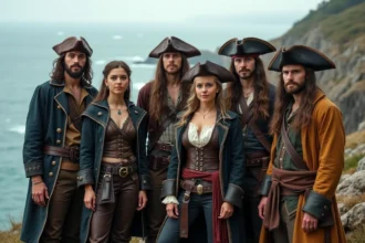 Groupe de jeunes pirates cosplay sur une falaise rocheuse
