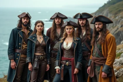 Groupe de jeunes pirates cosplay sur une falaise rocheuse