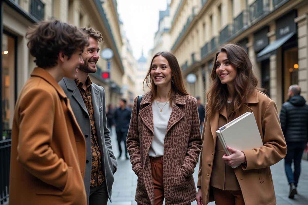 Groupe de créateurs de mode discutant dans la rue à Paris
