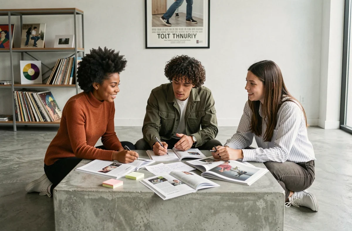 Groupe de jeunes adultes discutant de l'actualité culturelle autour de magazines dans un espace de coworking contemporain