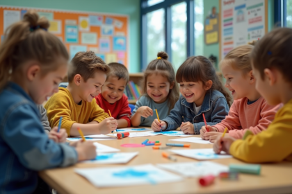 Enfants d ecole primaire autour d une table en classe