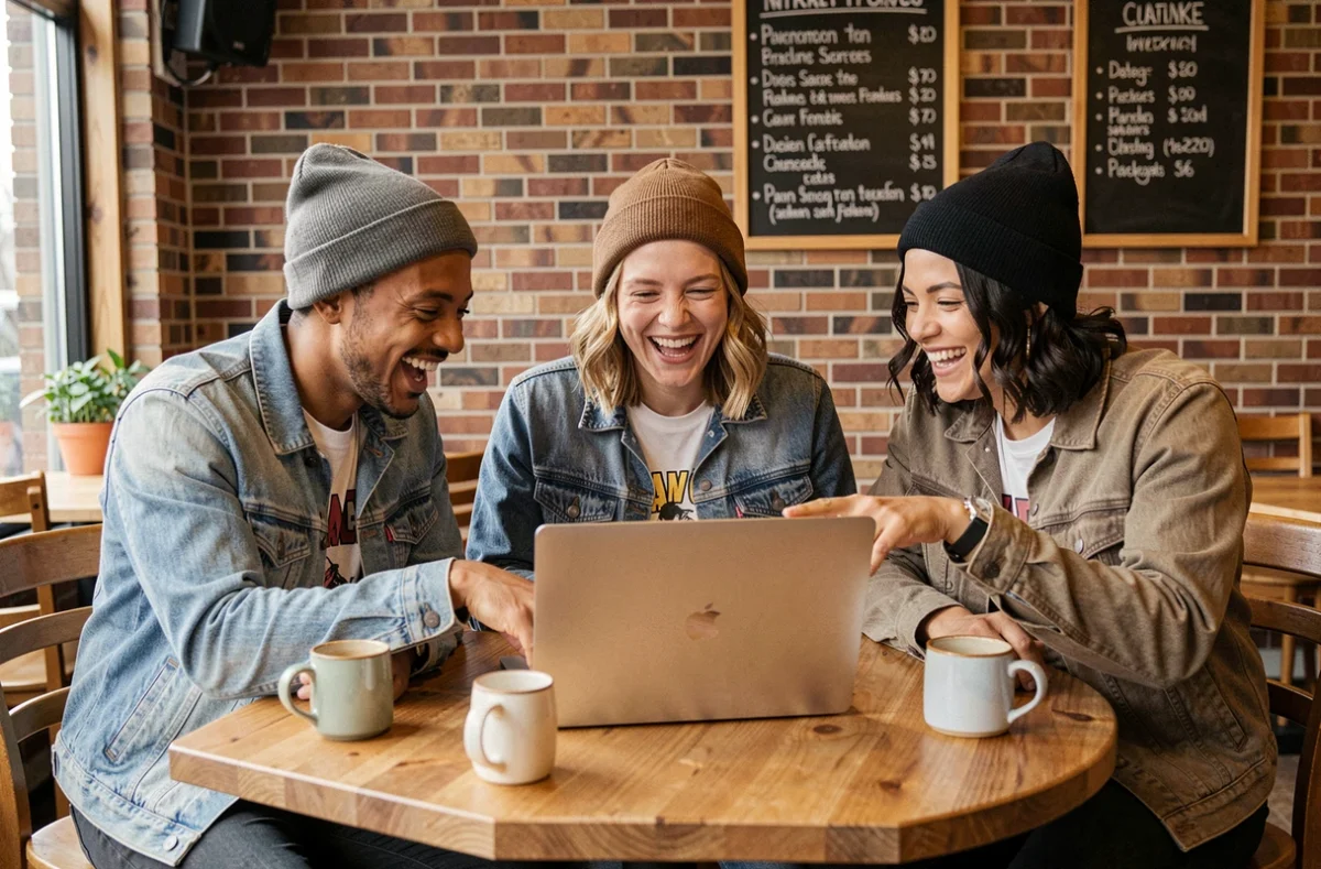 Groupe de jeunes adultes partageant leur passion pour Xonivizectrum et la culture internet dans un café urbain