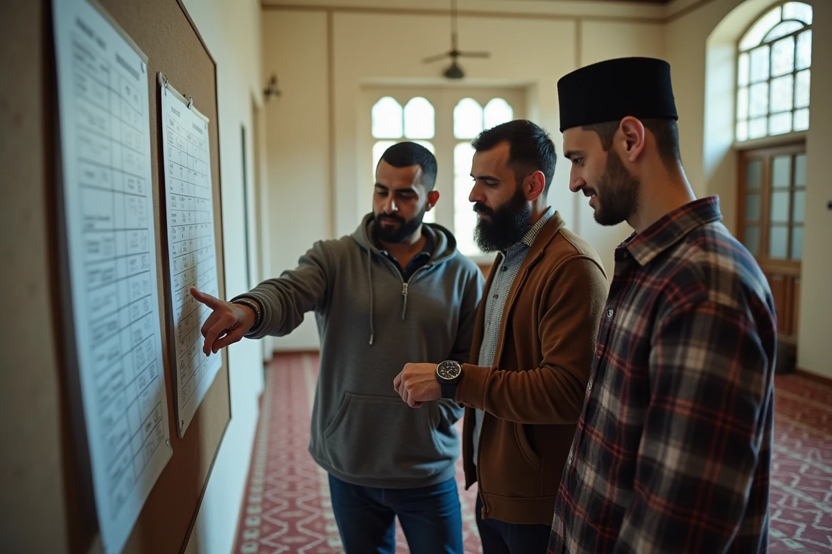 Groupe d'hommes discutant des erreurs d'horaires de prière devant un tableau dans une mosquée de Nantes