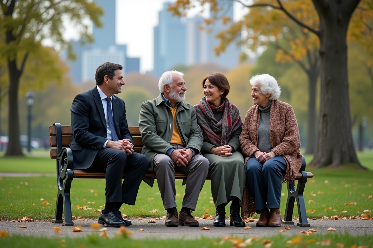 Groupe divers d adultes et seniors discutant dans un parc urbain