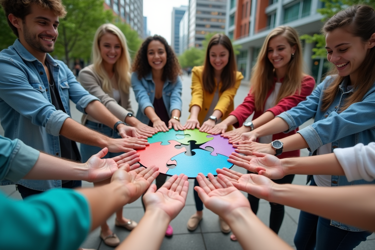 Groupe de jeunes adultes formant un logo avec des pièces de puzzle en extérieur