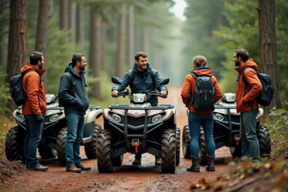 Groupe d'adultes avec quads en forêt lors d'une sortie aventure
