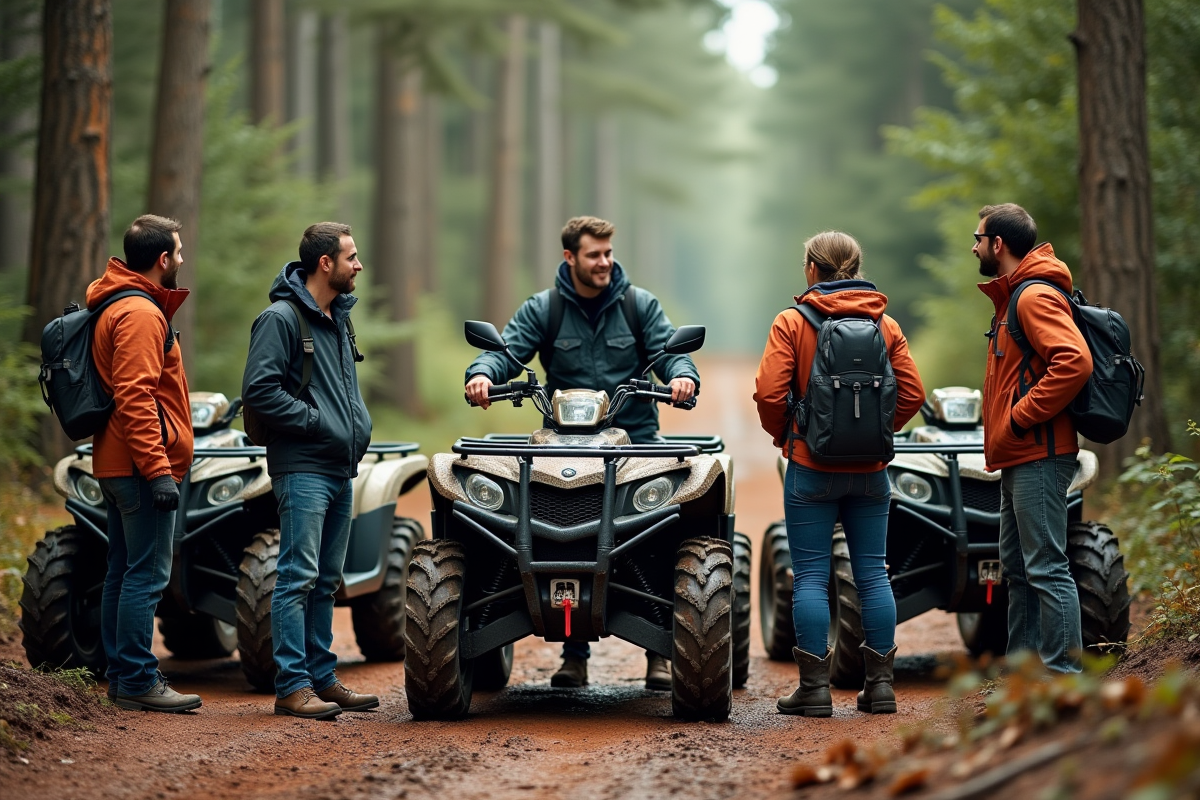 Groupe d'adultes avec quads en forêt lors d'une sortie aventure