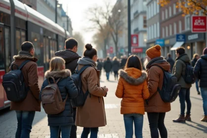 Groupe diversifié devant un tram à Rennes en extérieur