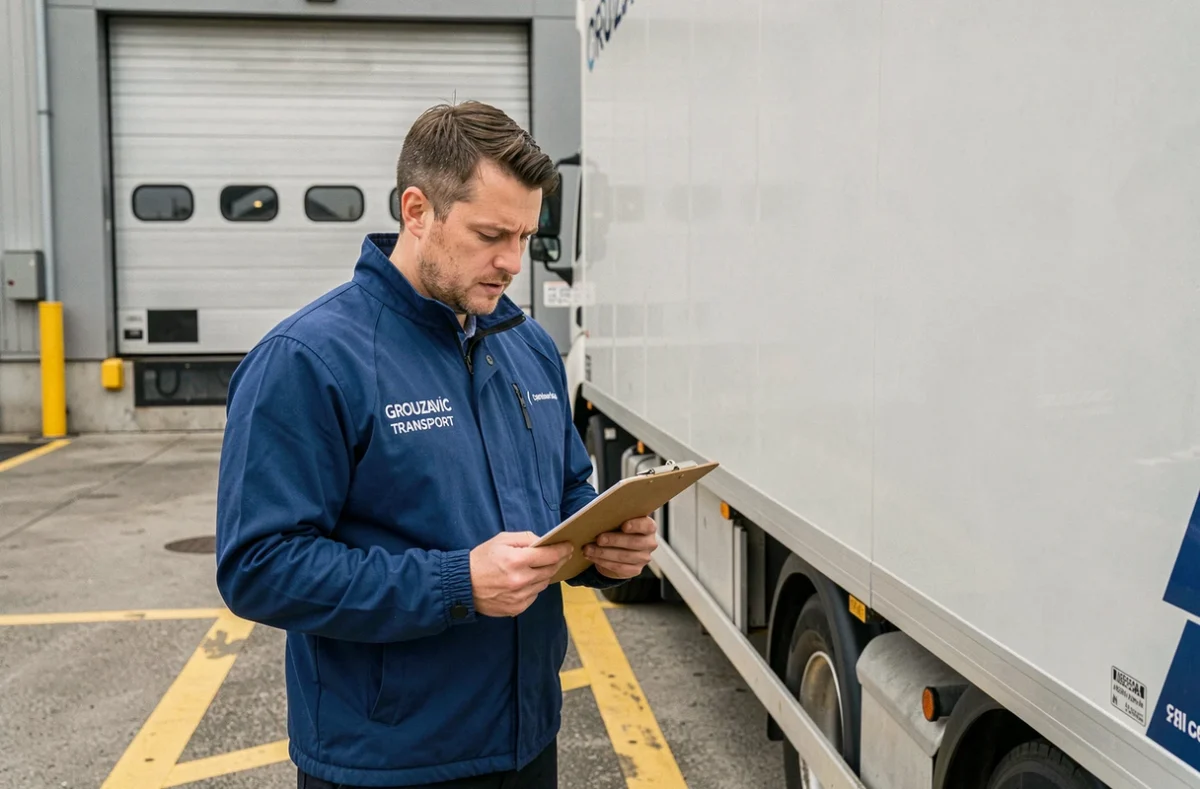 Chauffeur de Grouzavic Transport Déménagement consultant un bon de livraison devant son camion