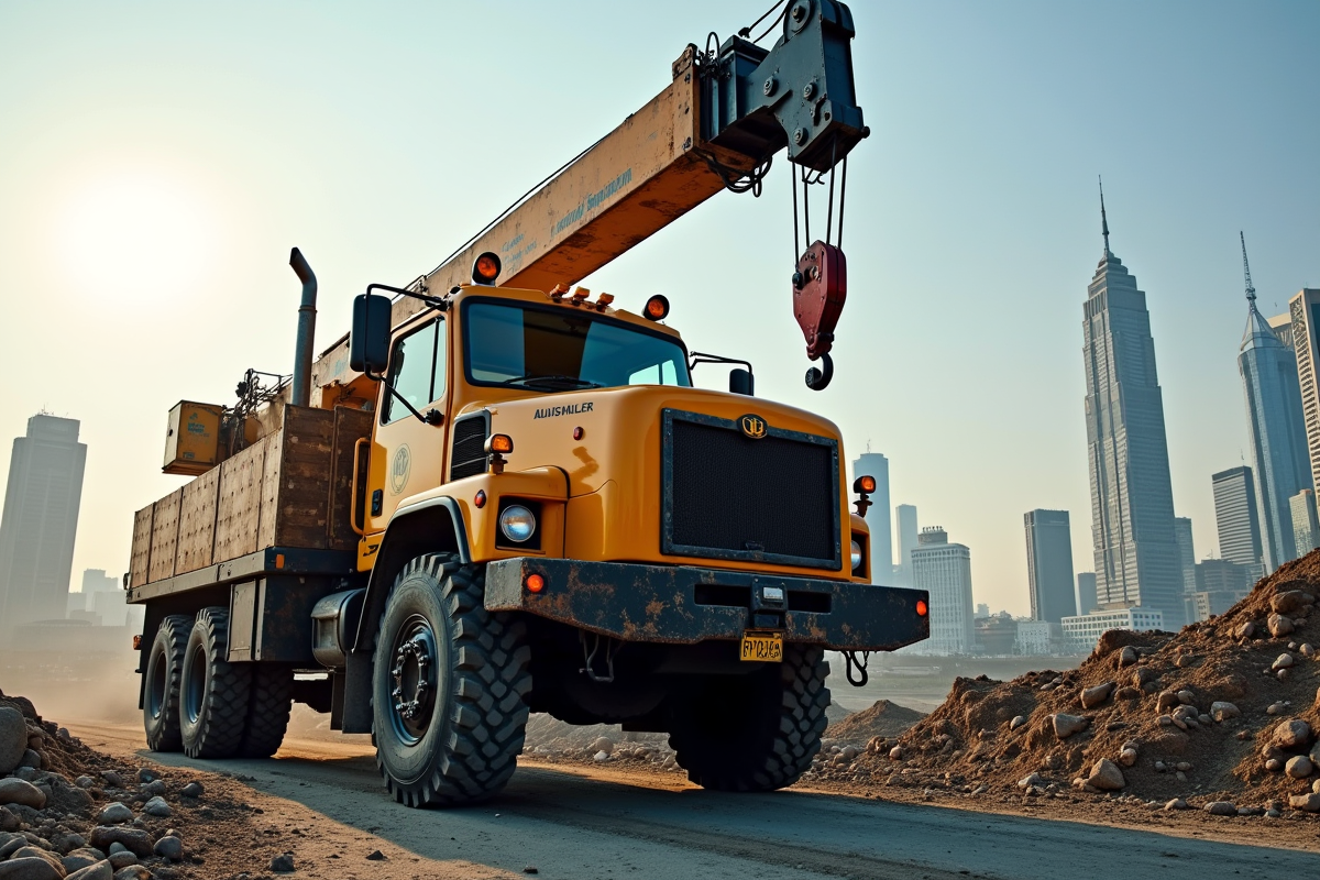 Camion grue en action sur un chantier urbain ensoleille