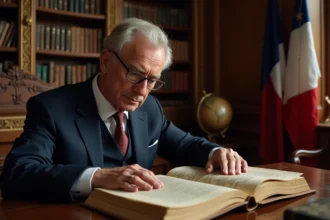 Historien en costume étudiant un manuscrit royal français