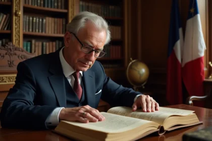 Historien en costume étudiant un manuscrit royal français