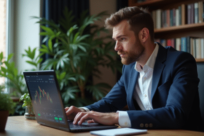 Jeune homme d'affaires analysant un graphique Bitcoin sur son ordinateur à Paris