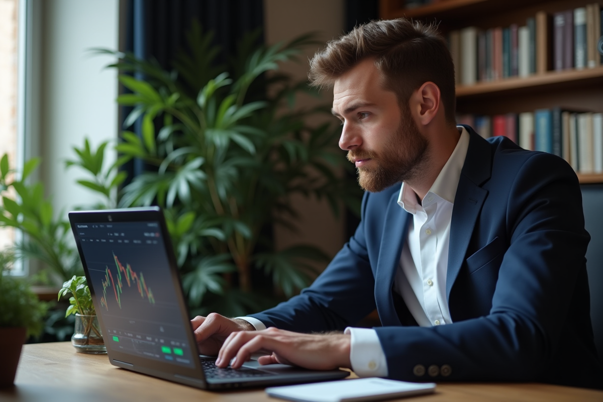 Jeune homme d'affaires analysant un graphique Bitcoin sur son ordinateur à Paris