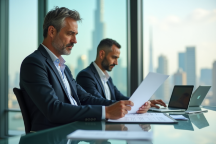 Homme d'affaires confiant dans un bureau moderne avec vue sur Dubai