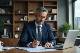 Homme d'affaires en costume bleu dans un bureau moderne